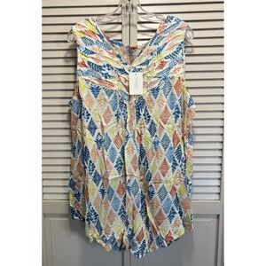 Tamsy NWT Tank Sun Dress Or Long Tunic Missy One Size V Neck Pleated Leaves